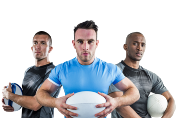 Digital png photo of diverse male rugby players with rugby balls on transparent background