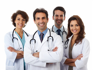 happy multiracial medical professionals standing in the studio with white background, group portrait, AI generative