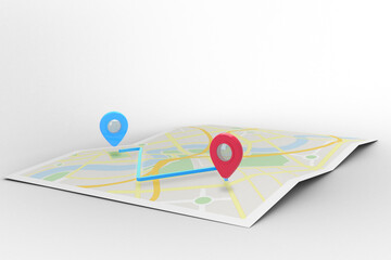 Digital png illustration of red and blue location pins with map on transparent background
