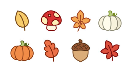 Collection of autumn icons, fall thanksgiving season elements. Vector illustration.