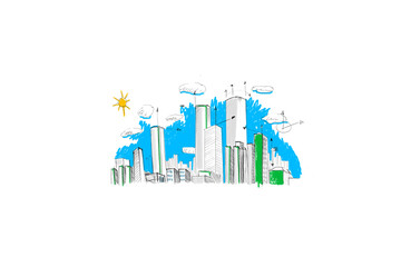 Obraz premium Digital png illustration of cityscape with sun on transparent background