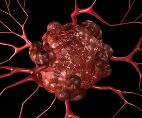 isolated tumor cell and blood arteries for the supply 3d rendering - obrazy, fototapety, plakaty