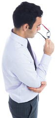 Digital png photo of worried biracial businessman on transparent background