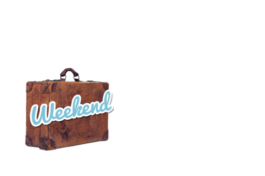 Digital png illustration of weekend text with vintage suitcase on transparent background