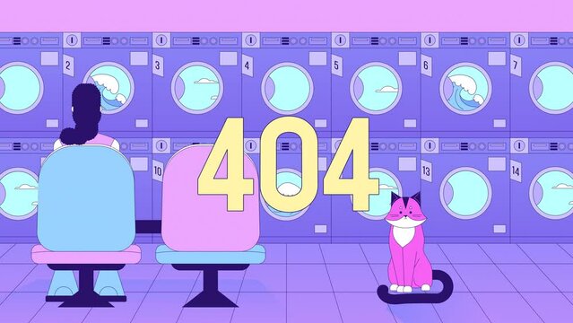 Waiting laundry 404 error animation. Woman in launderette with cat. Empty state 4K video concept, alpha channel transparency. Animated lofi background. Colour page not found for UI, UX web design
