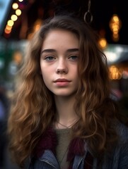 cute teen stylish cool longhaired fashion girl model standing on urban wall background. Close up portrait of pretty joyful teenage hipster girl outdoors.