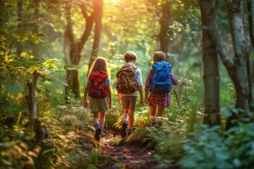 Naklejka na ściany i meble School friends exploring vibrant, enchanted forest with backpacks