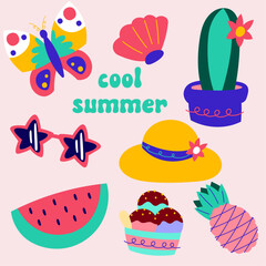 Hello summer cute cartoon sticker. Hand drawn enjoy pop summertime cool cartoon doodle pineapple hat ice cream butterfly bundle of exotic tropics icons beach party relax paradise graphic print vector