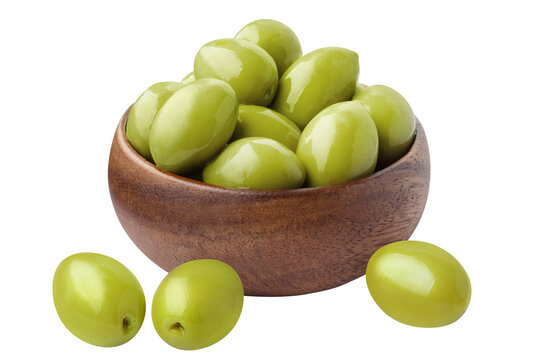 Delicious olives with leaves in a wooden bowl, cut out