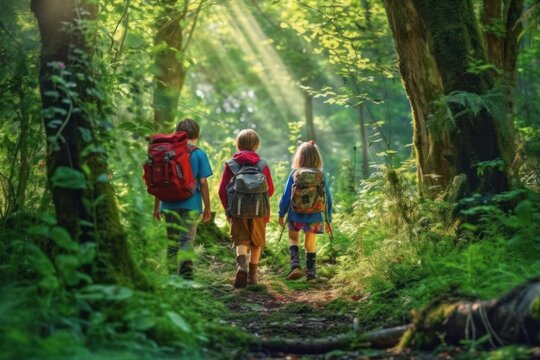 School friends exploring vibrant, enchanted forest with backpacks