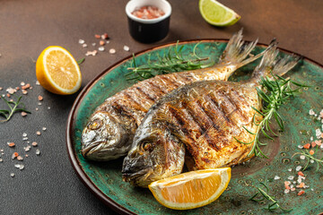 grilled fish dorada bbq. Ketogenic diet. Low carb high fat breakfast. Healthy food concept. place for text, top view