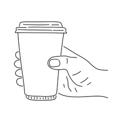 Hand with disposable coffee cup in sketch design style. Vector.