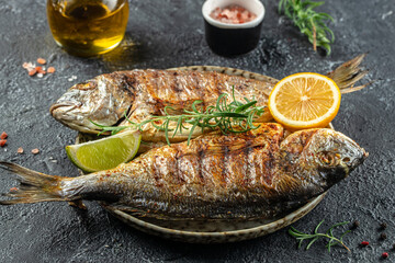 grilled fish dorada with lemon. organic healthy products. Detox and clean diet concept. place for text, top view
