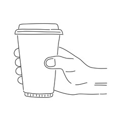 Doodle style illustration of a woman holds in hand a disposable cup of coffee. Vector. - obrazy, fototapety, plakaty