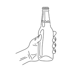 Hand holding beer bottle line art illustration. Hand holding beer hand drawn. Vector.