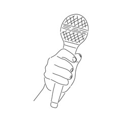 Male hand holding microphone. Hand drawn sketch illustration.