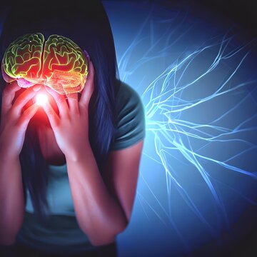 Illustration of a painful headache, woman holding her head, brain transparency render, digital art