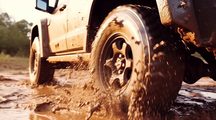 Truck car spins its wheels in the mud closeup
