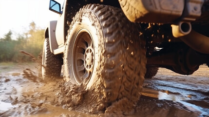 Fototapeta na wymiar Truck car spins its wheels in the mud closeup