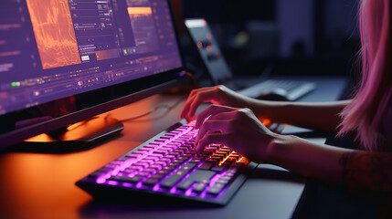 Woman typing on keyboard close-up view with cinematic lighting colors purple and orange - obrazy, fototapety, plakaty