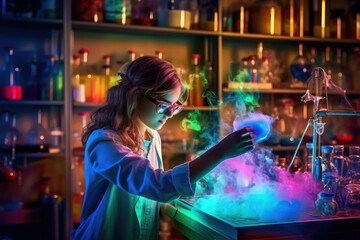 Obraz na płótnie Canvas Student girl conducting a science experiment in a laboratory, surrounded by bubbling beakers and colorful chemical reactions