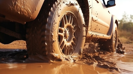Truck car spins its wheels in the mud closeup