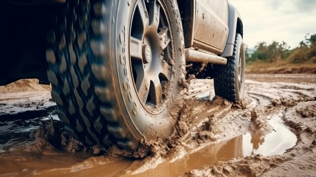 Truck car spins its wheels in the mud close-up view