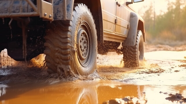 Truck car spins its wheels in the mud closeup