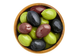 Delicious olives with leaves in a wooden bowl, cut out