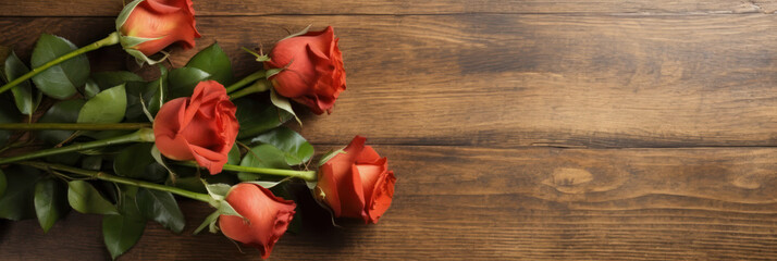 Naklejka na ściany i meble romantic banner of roses flowers on empty wooden table. generative ai