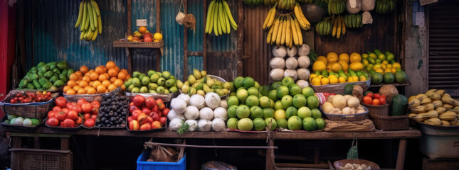 Obraz premium traditional fruit and vegetables market on street. generative ai