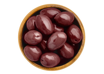 Delicious olives with leaves in a wooden bowl, cut out