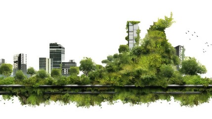 Fototapeta na wymiar City in green leaves double exposure illustration - Generative AI.