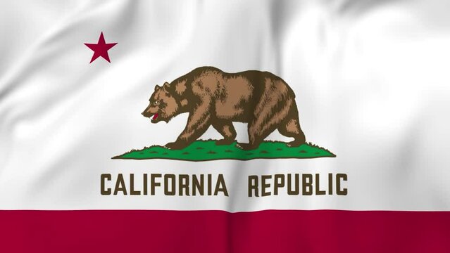 Arising map of California state in USA and waving flag of California in background. 4k resolution video.