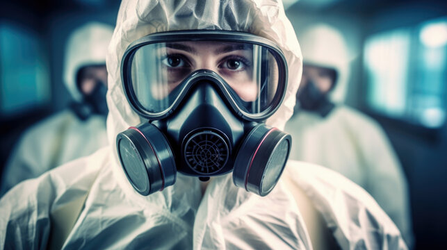 woman with gas mask and hazard or radiation protective equipment. generative ai