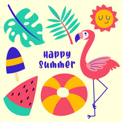 pop summertime cute sticker. Hand drawn enjoy summer cool cartoon doodle flamingo, sun, popsicle, plant. bundle of exotic tropics icons, beach party, relax paradise graphic print vector
