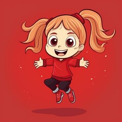 Cartoon little girl Jumping over a red background. Creative AI