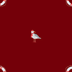 watercolor seamless pattern with seagulls, and a lifebuoy on a red background. children's pattern in a marine style for textiles, polygraphy, wallpaper, print