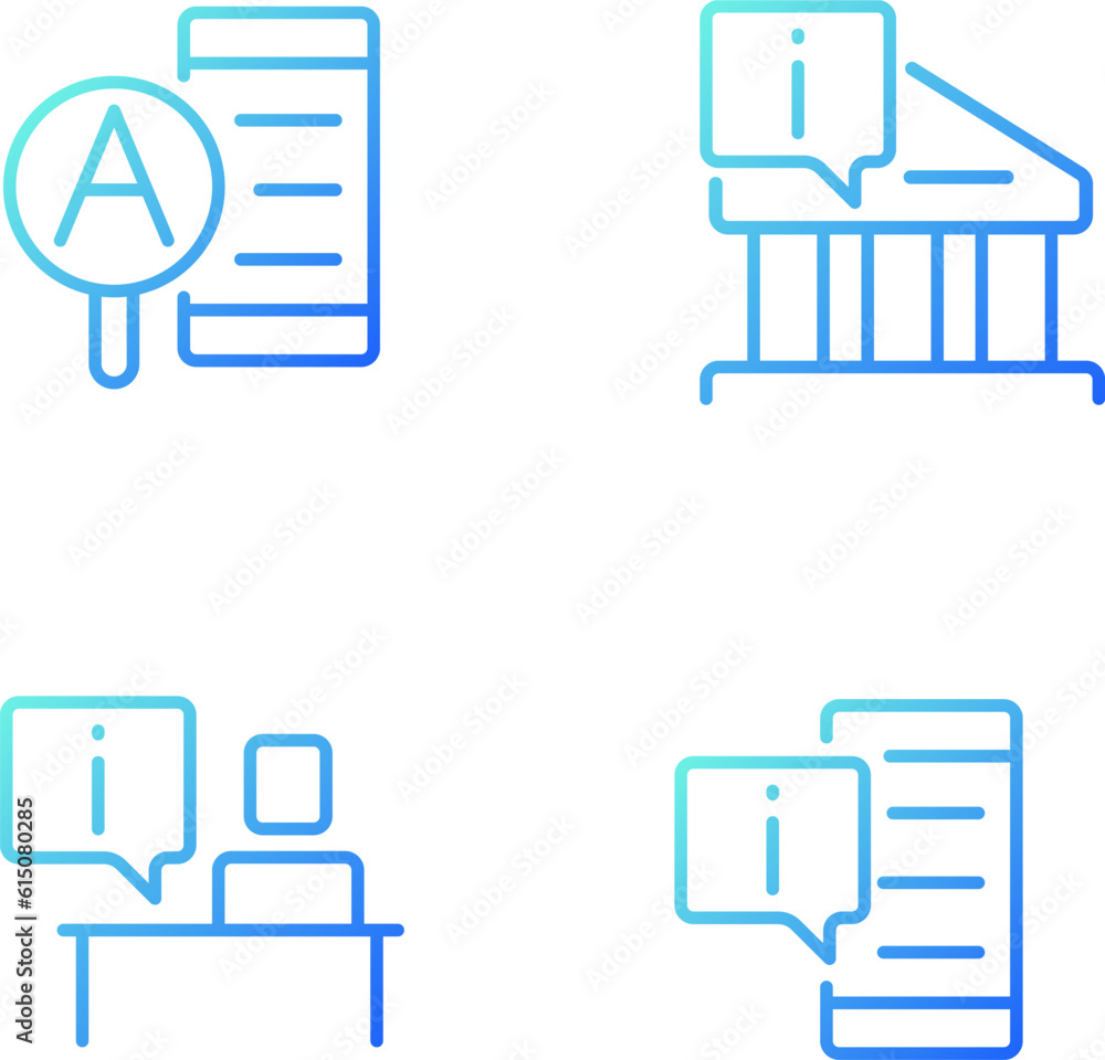 Poster types of informational support pixel perfect gradient linear vector icons set. online and offline se