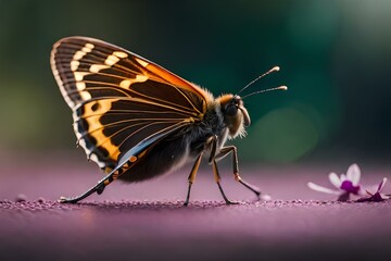 A close-up image of a vibrant butterfly with intricate wing patterns perched delicately on a blooming purple wildflower, with a soft morning light casting a warm glow on the scene.