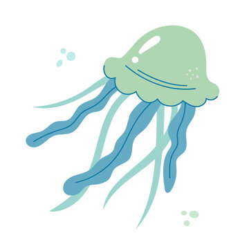 Jellyfish cartoony flat decoration. Hand-drawn poisonous medusa, marine oceanic inhabitant, simple nautical character design. Isolated. Vector illustration.