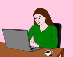Woman working on laptop. A person works and communicates on a laptop computer, sitting at a table at home with a cup of coffee. Vector illustration.