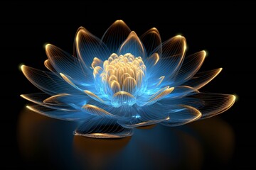 Highly detailed 3d lotus flower, thing glowing lines, ray traced reflections on black background Generative AI