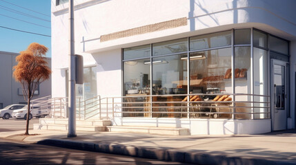 Facade of modern bakery. Bakery concept. Generative AI.