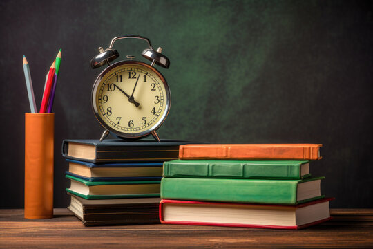 Alarm clock and a stack of books on a blackboard background. Back to school concept. Generative AI. - Powered by Adobe