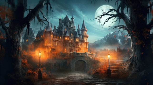 
Halloween castle in the forest at night with full moon. Digital painting. Generative AI.
