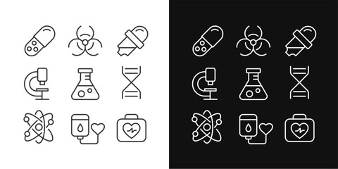 Science related pixel perfect linear icons set for dark, light mode. Medicine and biology. Healthcare. Medical tests. Thin line symbols for night, day theme. Isolated illustrations. Editable stroke