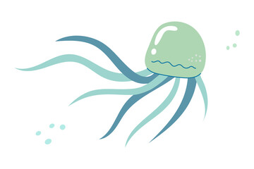 Jellyfish cartoony flat decoration. Hand-drawn poisonous medusa, marine oceanic inhabitant, simple nautical character design. Isolated. Vector illustration.