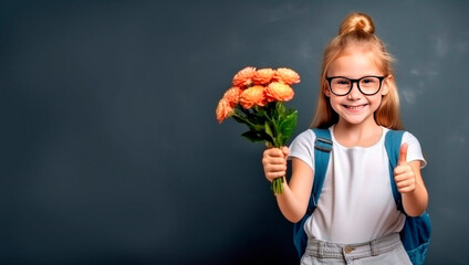 Schoolgirl in glasses with a bouquet of flowers on the background of a chalk board. Concept back to school. Generative AI.