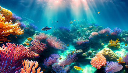 Fototapeta na wymiar Enchanting Underwater Coral Reef with Colorful Fish and Marine Creatures - Generative AI
